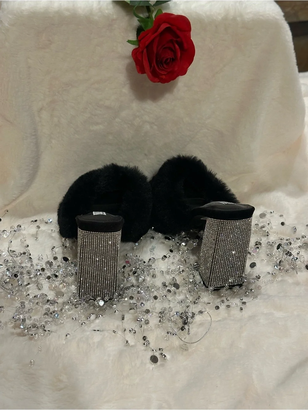 Cape Robbin Black Faux Fur Mules with Rhinestone Block Heel - Picture 2 of 7